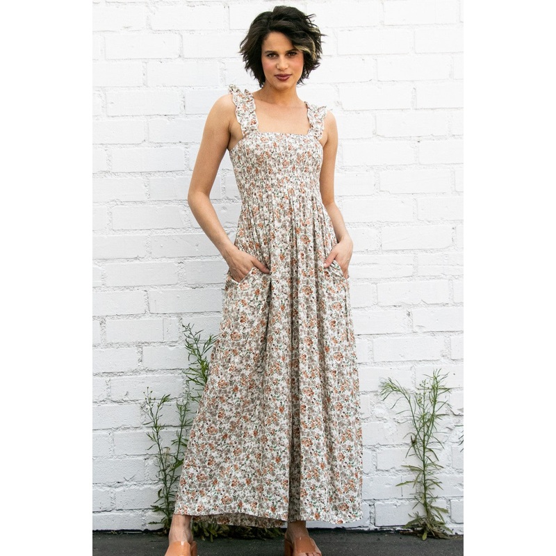 Beige Sleeveless Floral Smocked Ruffle Jumpsuit