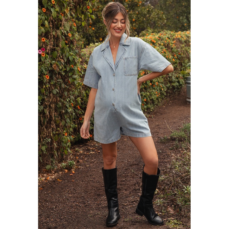 Blue Denim Striped Short Sleeve Maternity Romper