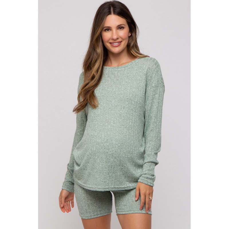 Green Ribbed Long Sleeve Maternity Shorts Set