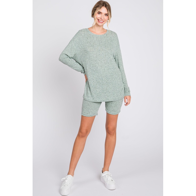 Green Ribbed Long Sleeve Shorts Set