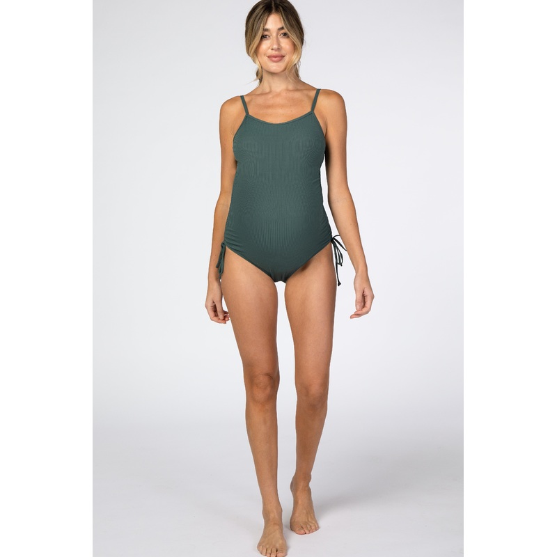 Green Ribbed Side Tie One-Piece Maternity Swimsuit