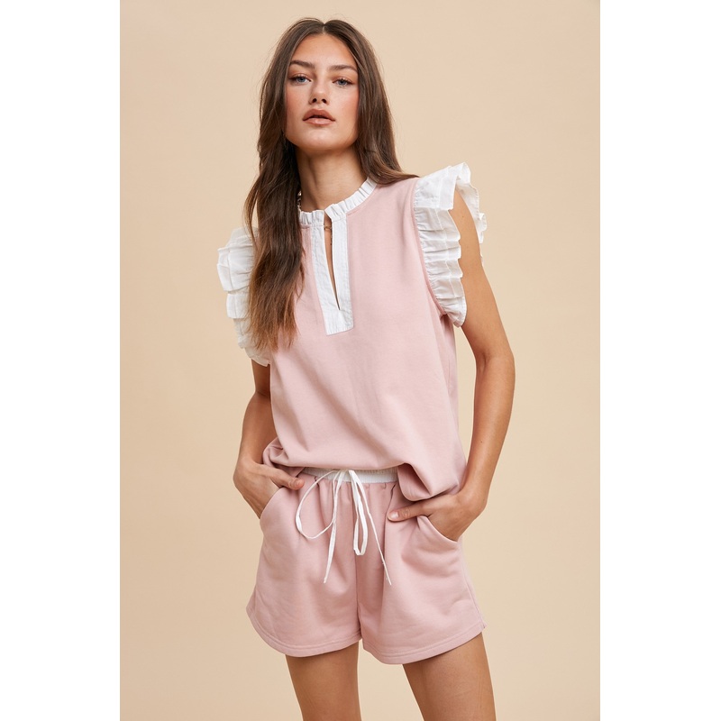 Light Pink Ruffle Sleeve Knit Top And Shorts