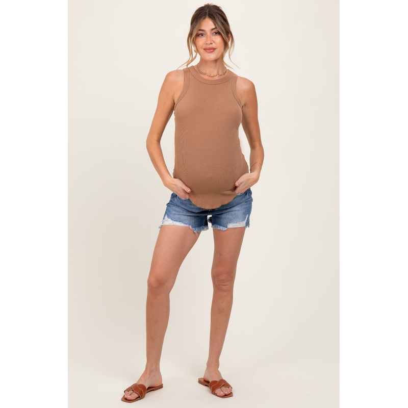 Navy Distressed Fringe Hem Maternity Jean Shorts