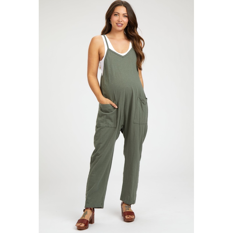 Olive Knit Front Pocket Maternity Overall