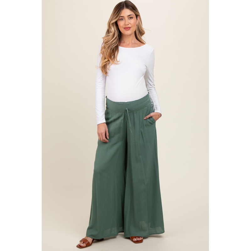 Olive Wide Leg Smocked Lightweight Maternity Pants