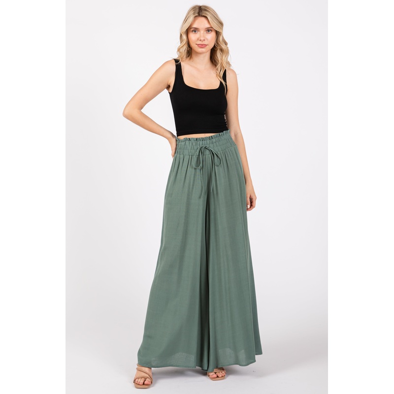 Olive Wide Leg Smocked Lightweight Pants
