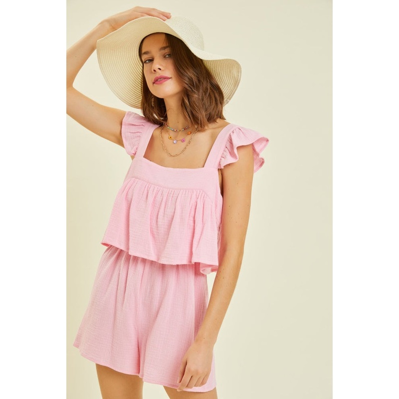 Pink Gauze Square Neck Romper With Mini Ruffles