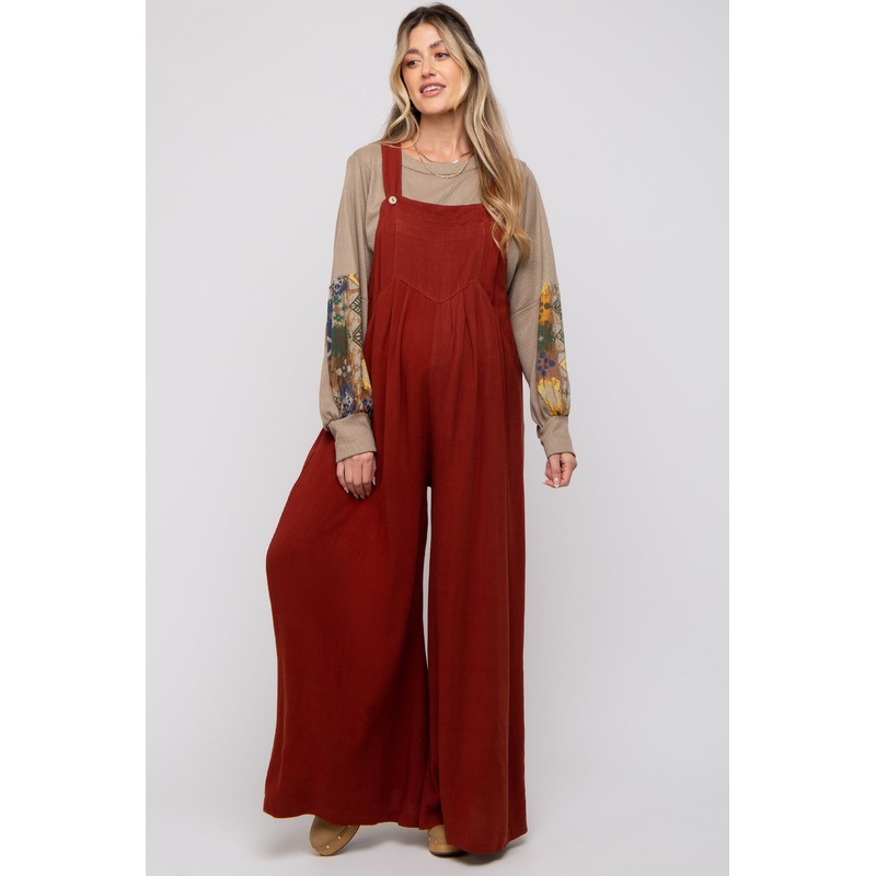 Rust Pleated Front Wide Leg Maternity Overalls