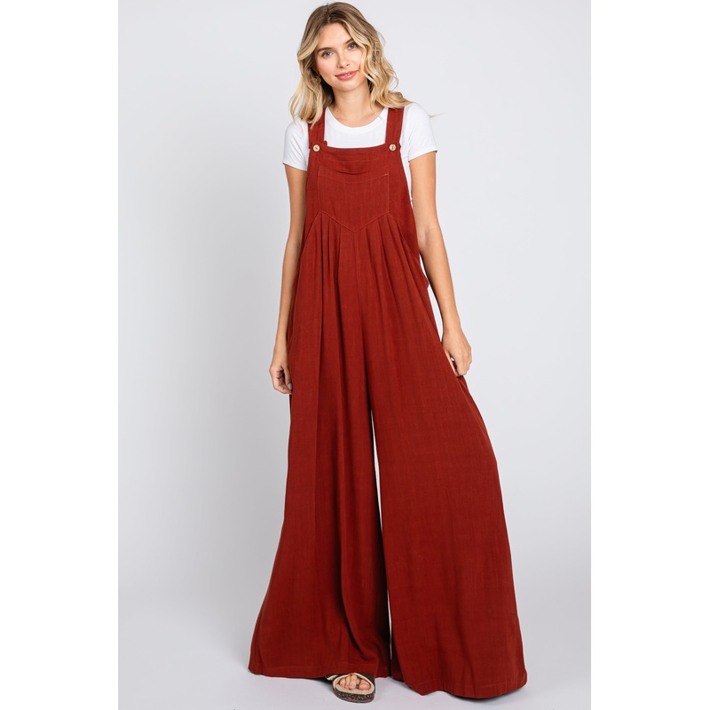 Rust Pleated Front Wide Leg Overalls