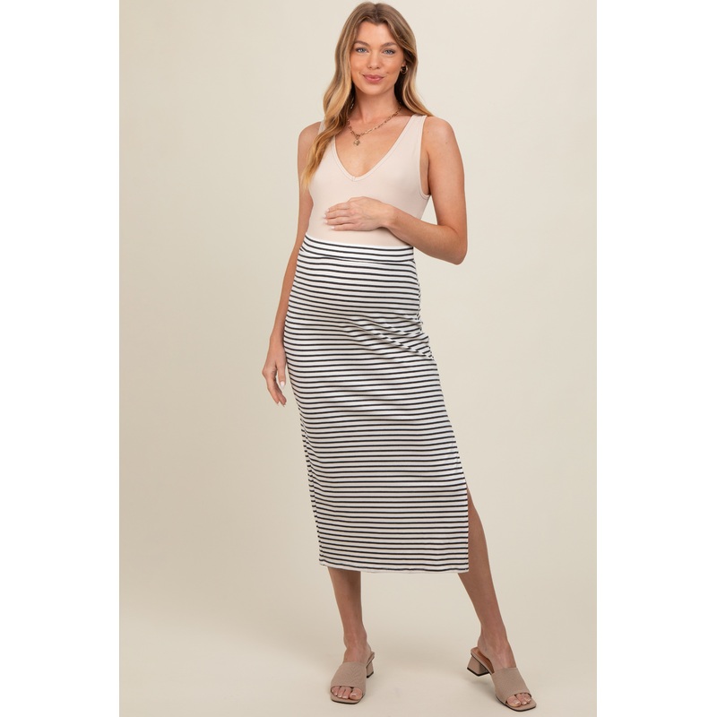 White Striped Fitted Side Slit Maternity Maxi Skirt