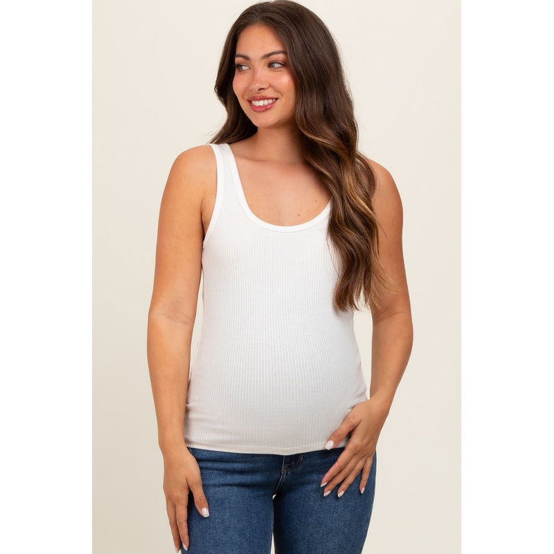 White V-Neck Basic Maternity Tank Top
