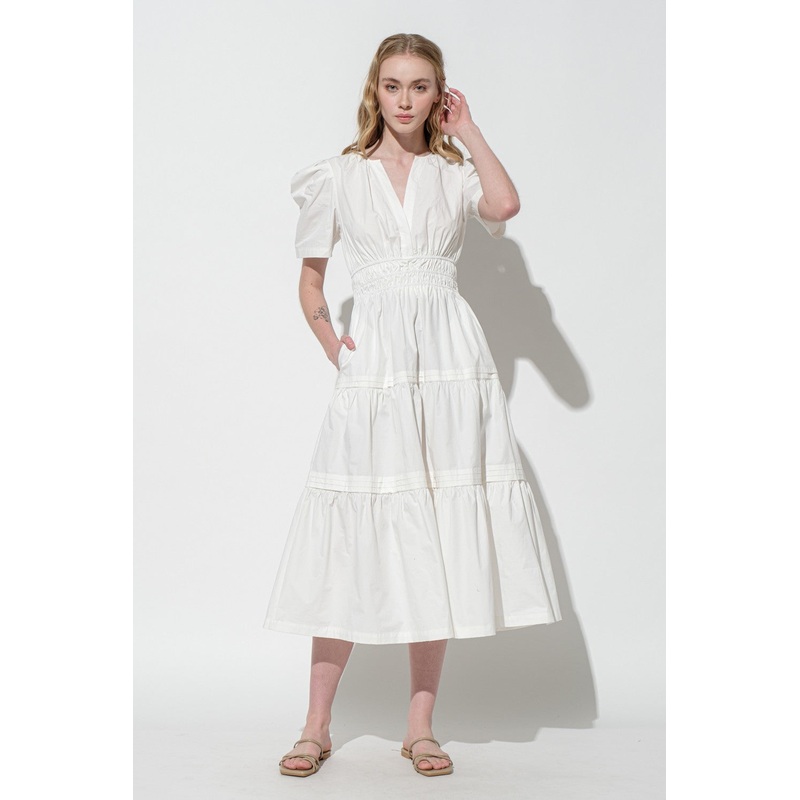 White V-Neck Tiered Puff Sleeve Maxi Dress