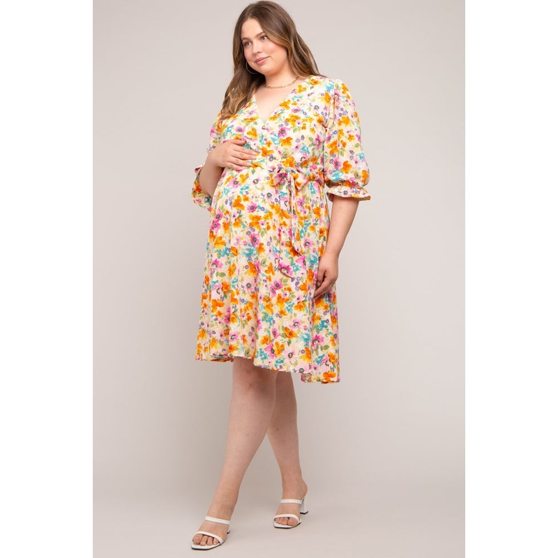 Yellow Floral 3/4 Sleeve Wrap Maternity Plus Dress
