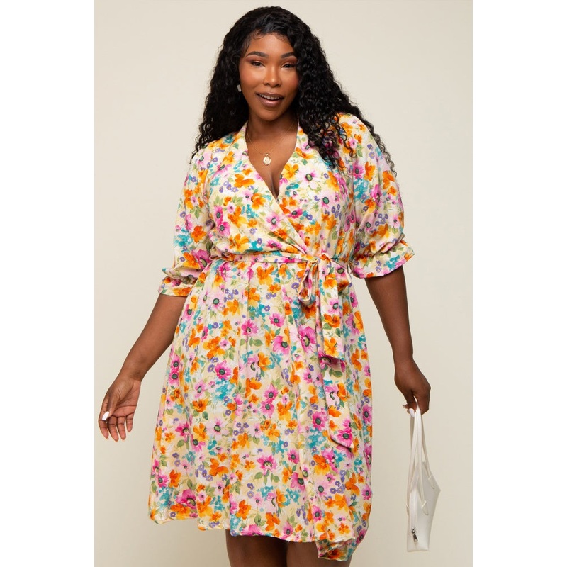 Yellow Floral 3/4 Sleeve Wrap Plus Dress