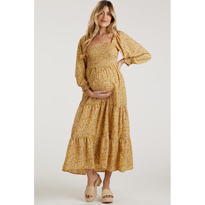 Yellow Floral Smocked Long Sleeve Maternity Maxi Dress