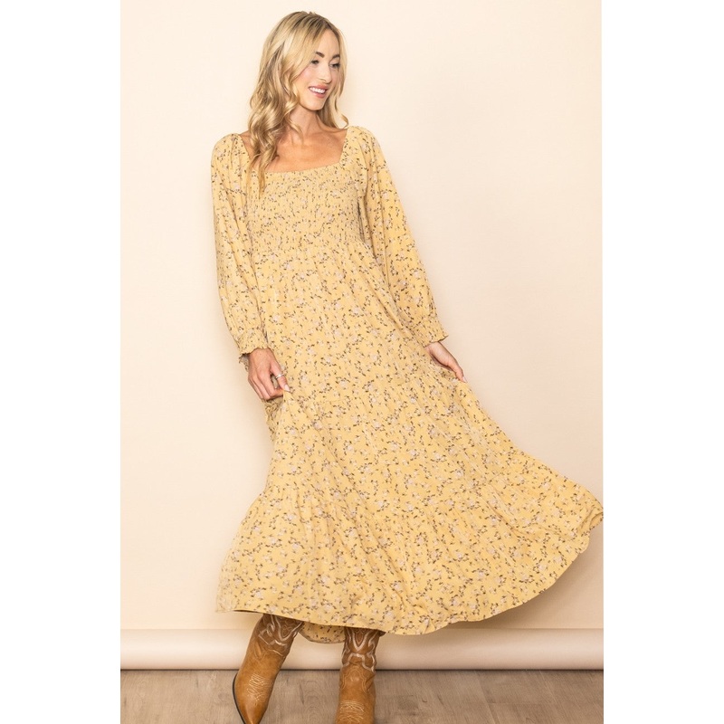 Yellow Floral Smocked Long Sleeve Maxi Dress