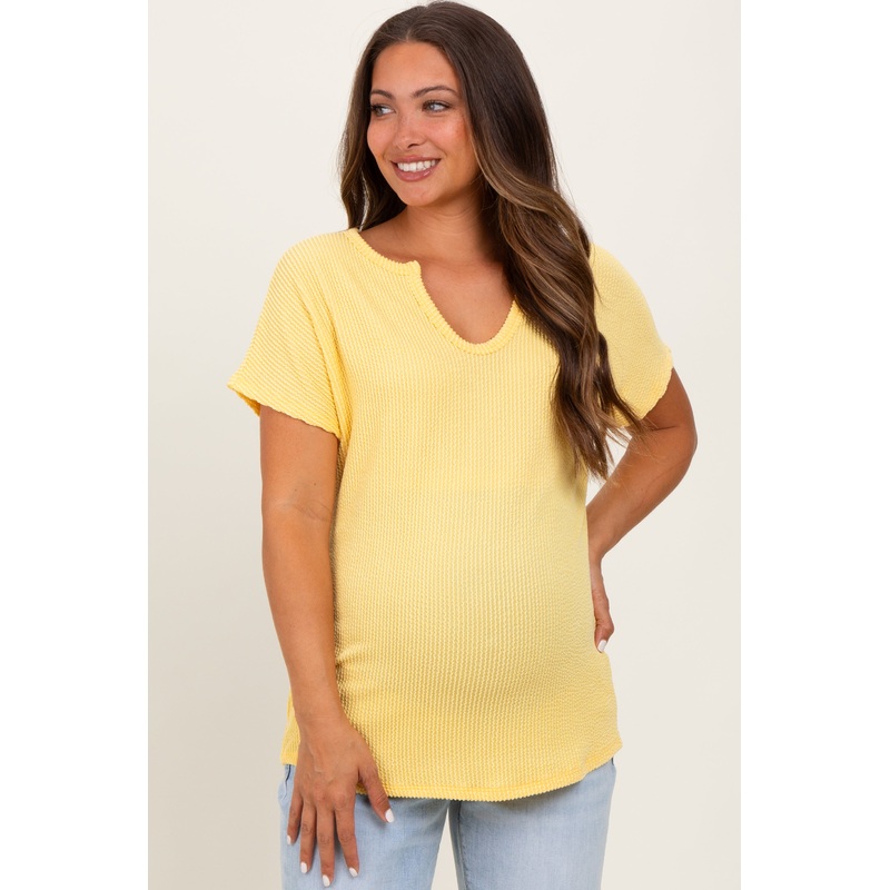 Yellow Ribbed Notched Neckline Maternity Top