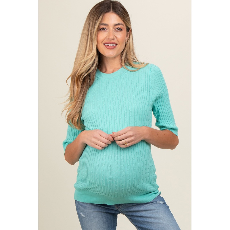 Aqua Cable Knit Maternity Short Sleeve Top