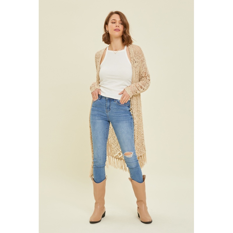 Beige Crochet Fringe Hem Cardigan