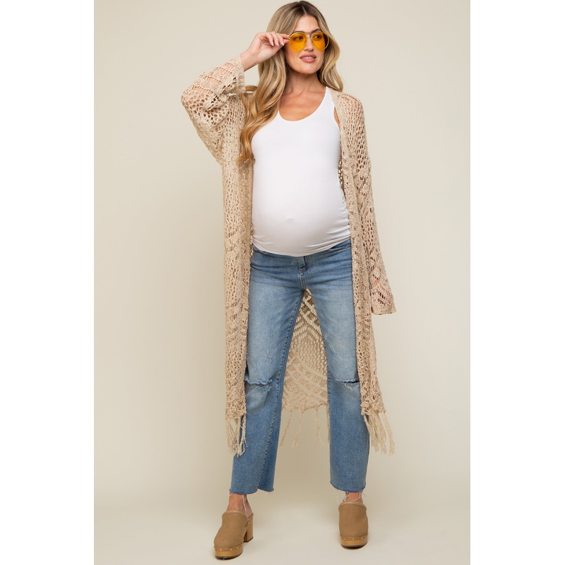 Beige Crochet Fringe Hem Maternity Cardigan