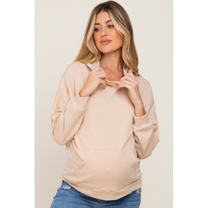 Beige Heathered Hooded Maternity Sweatshirt