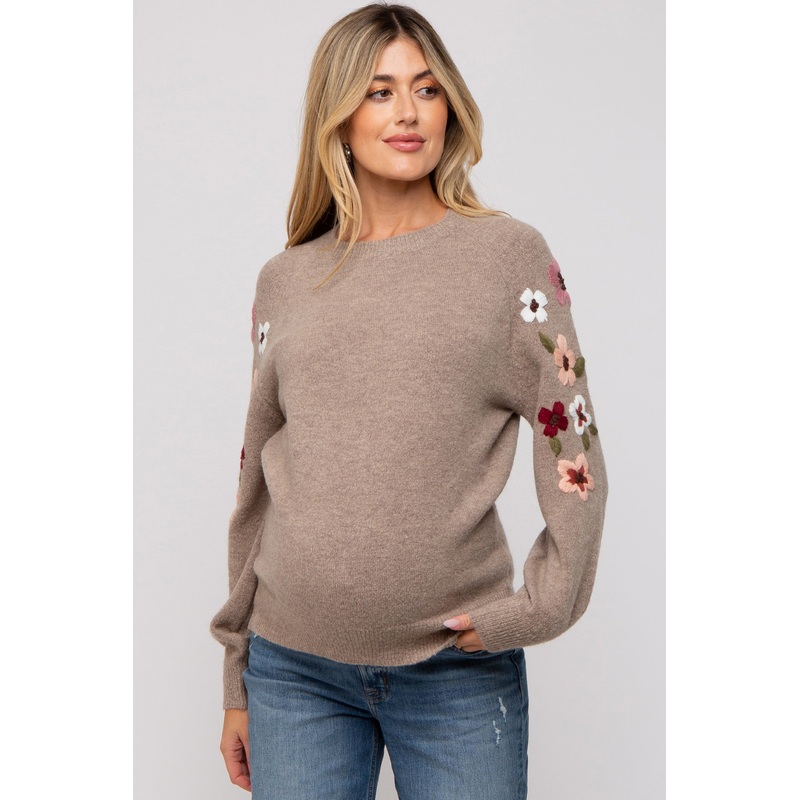 Beige Knit Floral Maternity Sweater