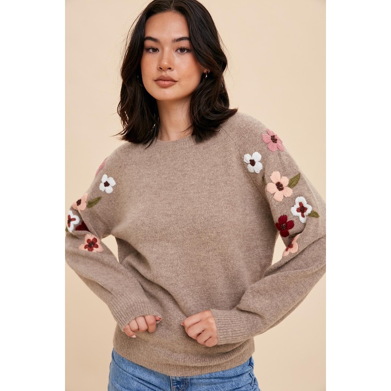 Beige Knit Floral Sweater