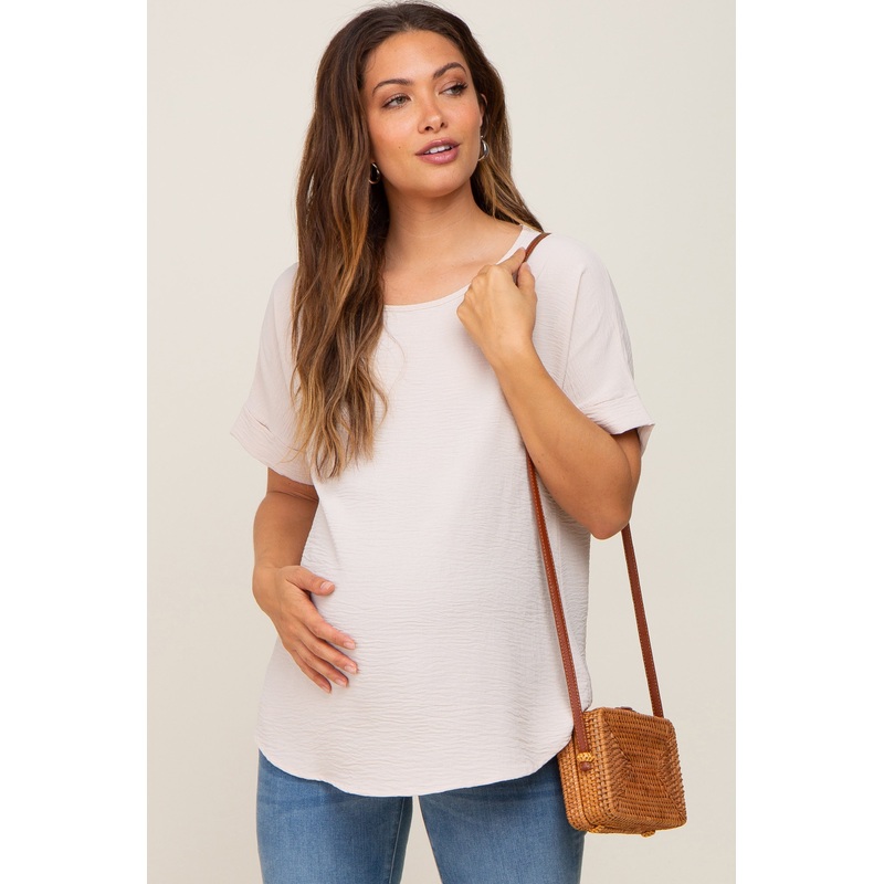 Beige Rolled Cuff Short Sleeve Maternity Blouse