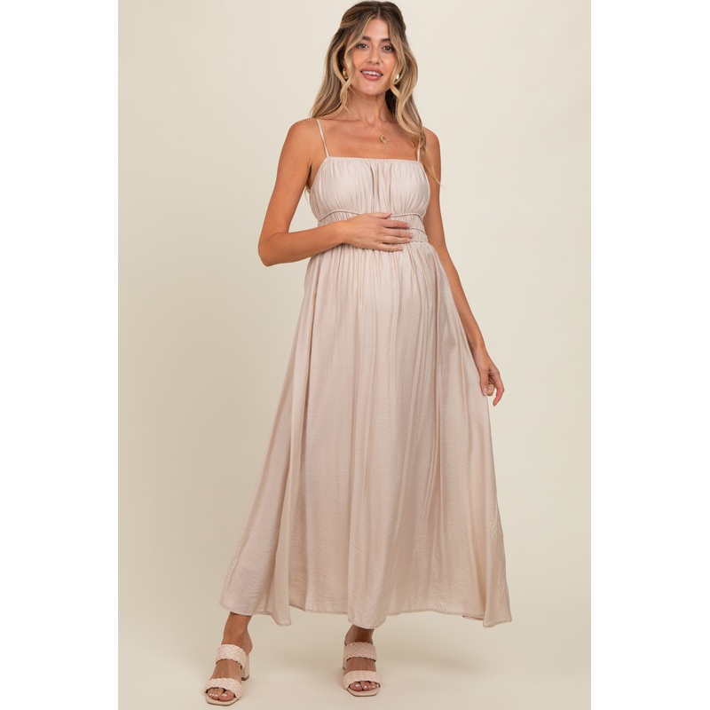Beige Sleeveless Square Neckline Maternity Maxi Dress