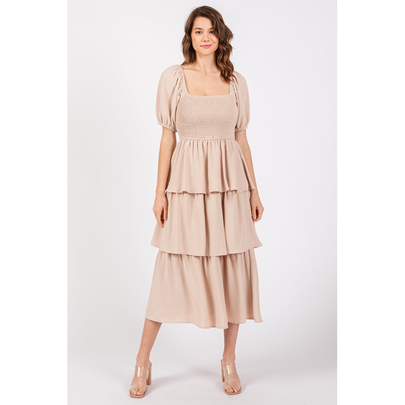 Beige Smocked Square Neck Short Puff Sleeve Ruffle Tiered Midi Dress
