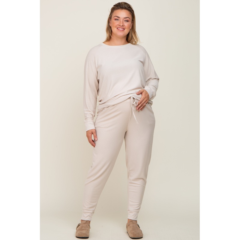 Beige Soft Knit Long Sleeve Maternity Plus Set