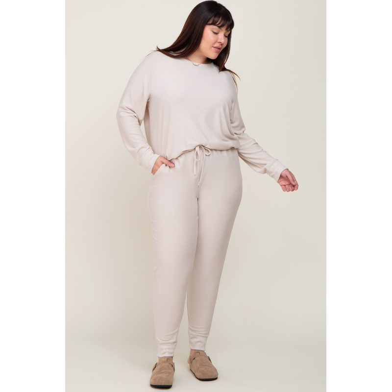 Beige Soft Knit Long Sleeve Plus Set