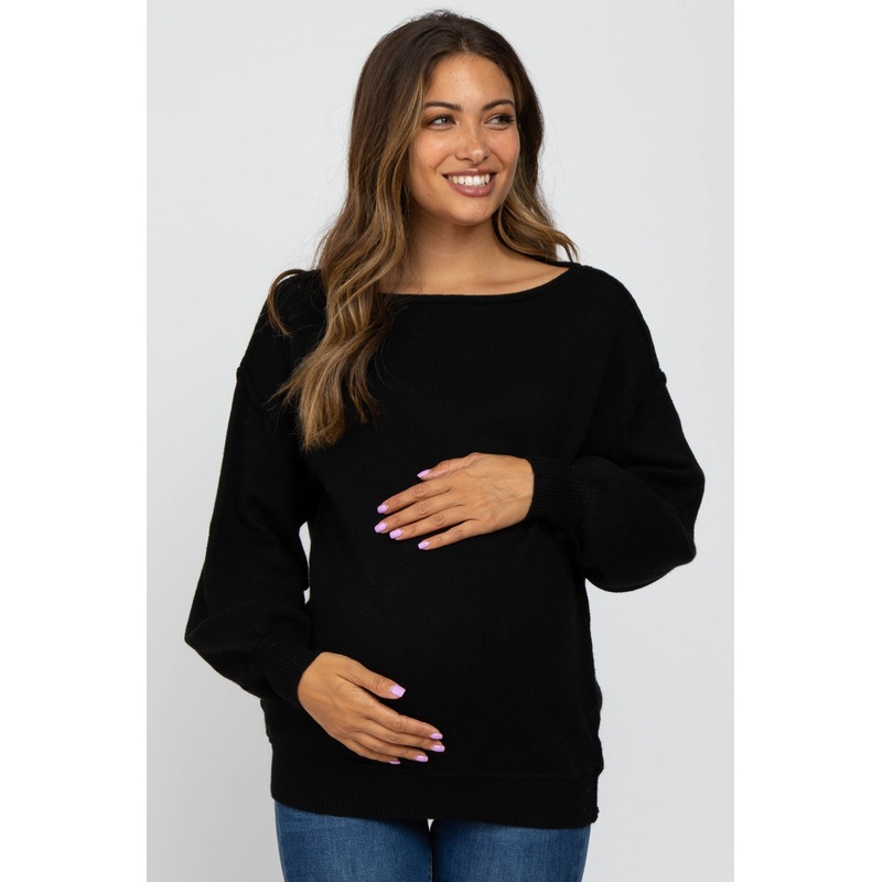Black Boat Neck Bubble Sleeve Maternity Sweater