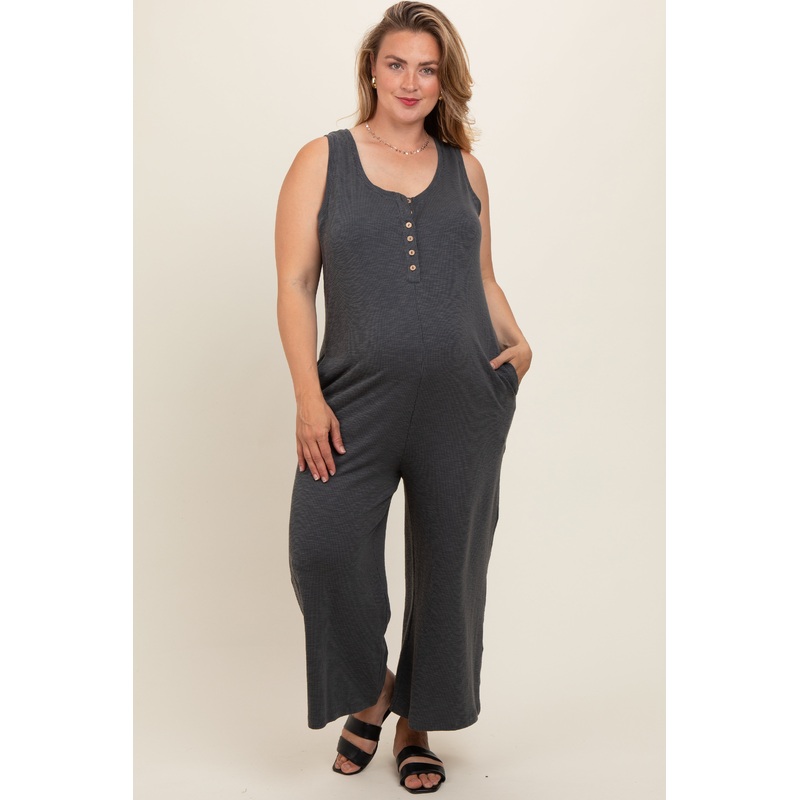Charcoal Ribbed Button Front Sleeveless Plus Maternity Jumpsuit