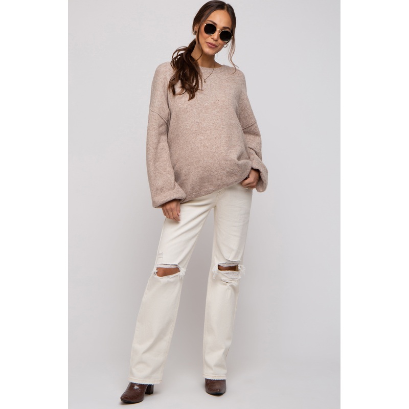 Cream Distressed Knee Maternity Jeans