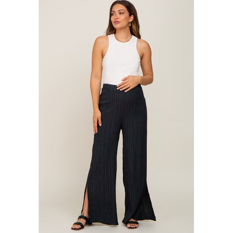 Forest Green Striped Textured Side Slit Maternity Pants