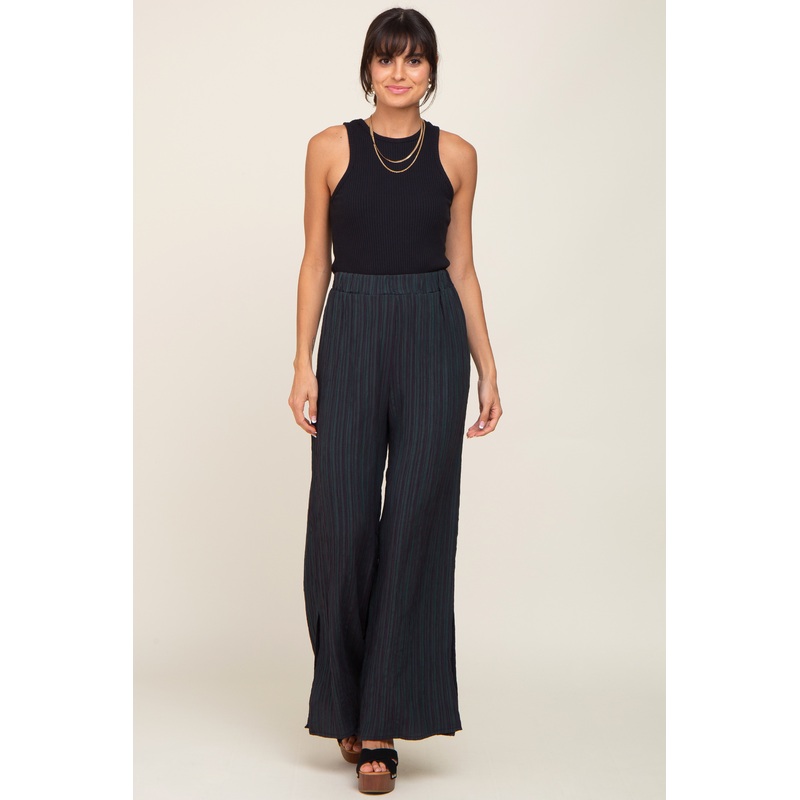 Forest Green Striped Textured Side Slit Pants