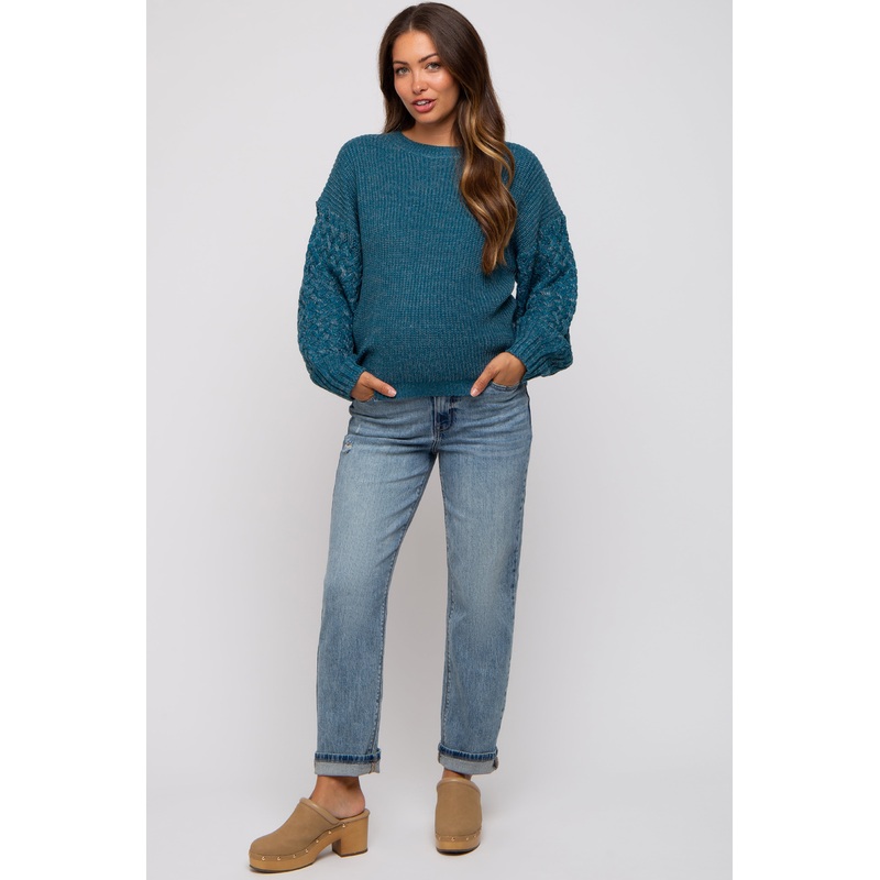 Teal Braided Sleeve Maternity Sweater