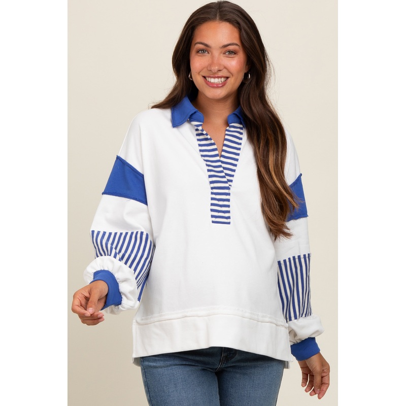 White Colorblock Striped Maternity Long Sleeve Top