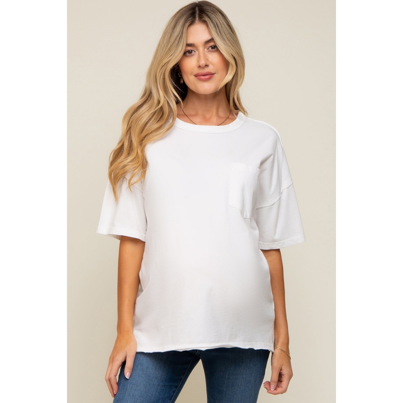 White Exposed Seam Maternity Pocket T-Shirt