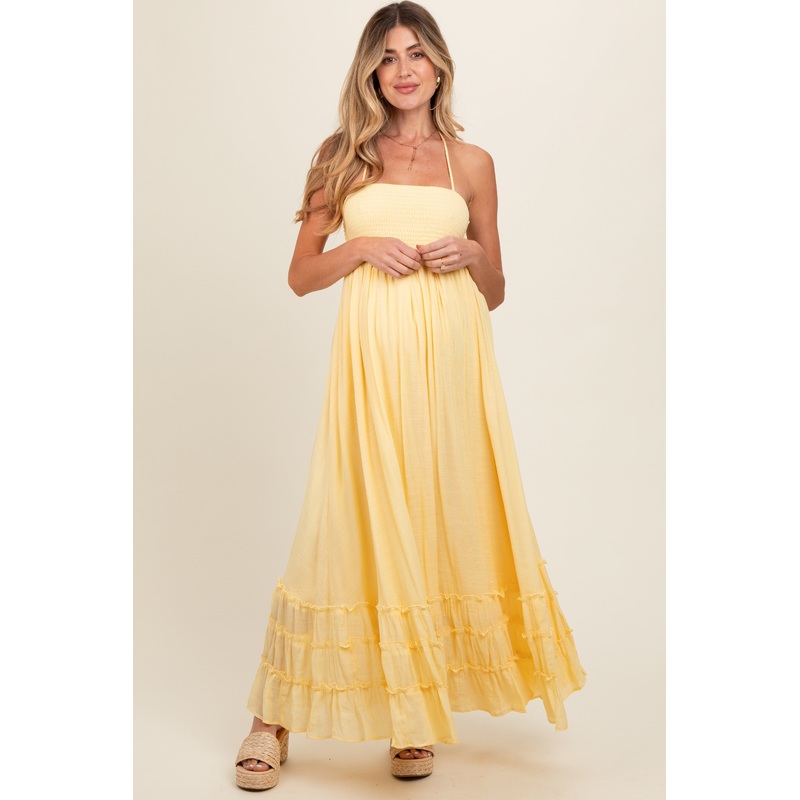 Yellow Smocked Halter Cutout Maternity Maxi Dress