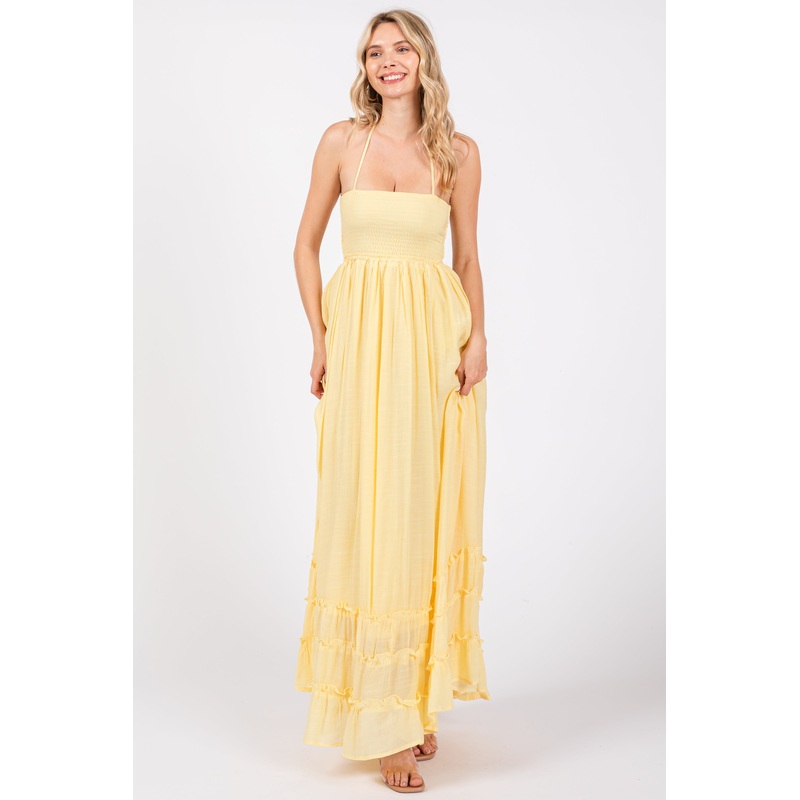 Yellow Smocked Halter Cutout Maxi Dress