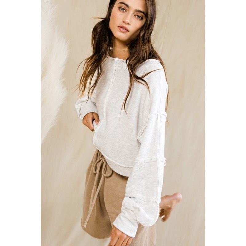 Ash Grey Raw-Edge Detail Solid Terry Crop Pullover Top
