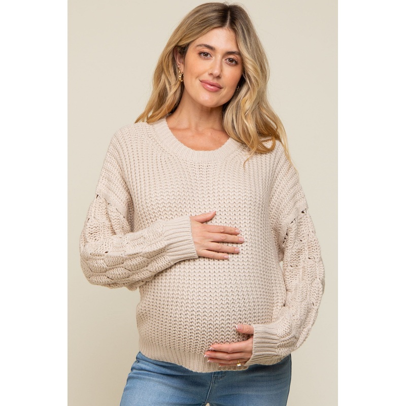 Beige Cable Knit Sleeve Maternity Sweater