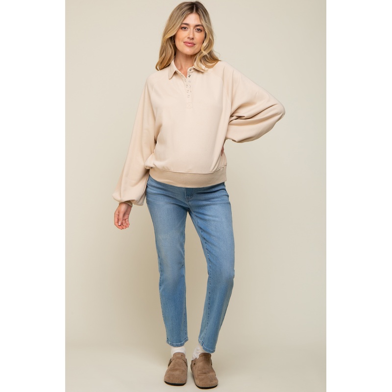 Beige Collared Button Maternity Pullover