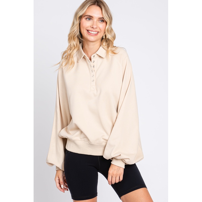Beige Collared Button Pullover