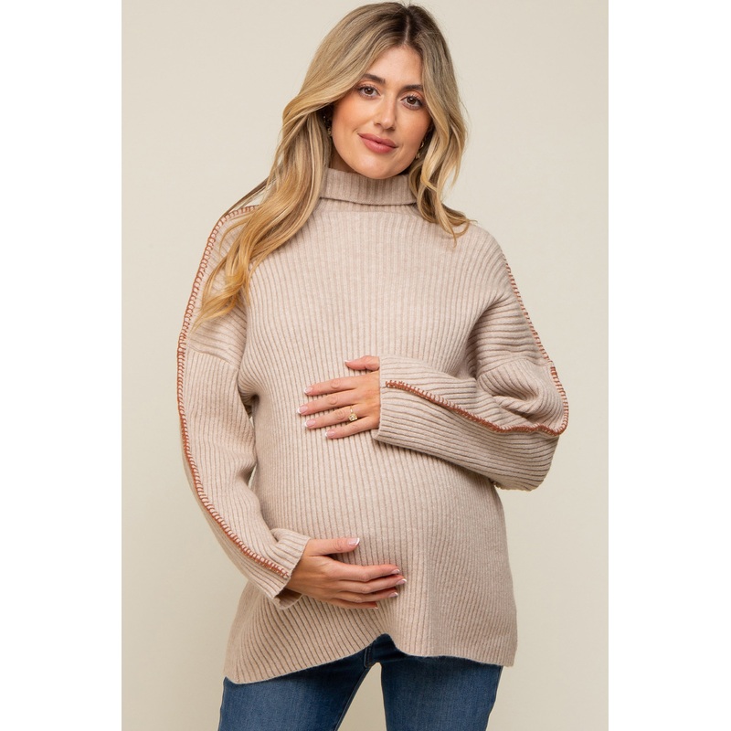 Beige Contrast Stitch Turtleneck Maternity Sweater