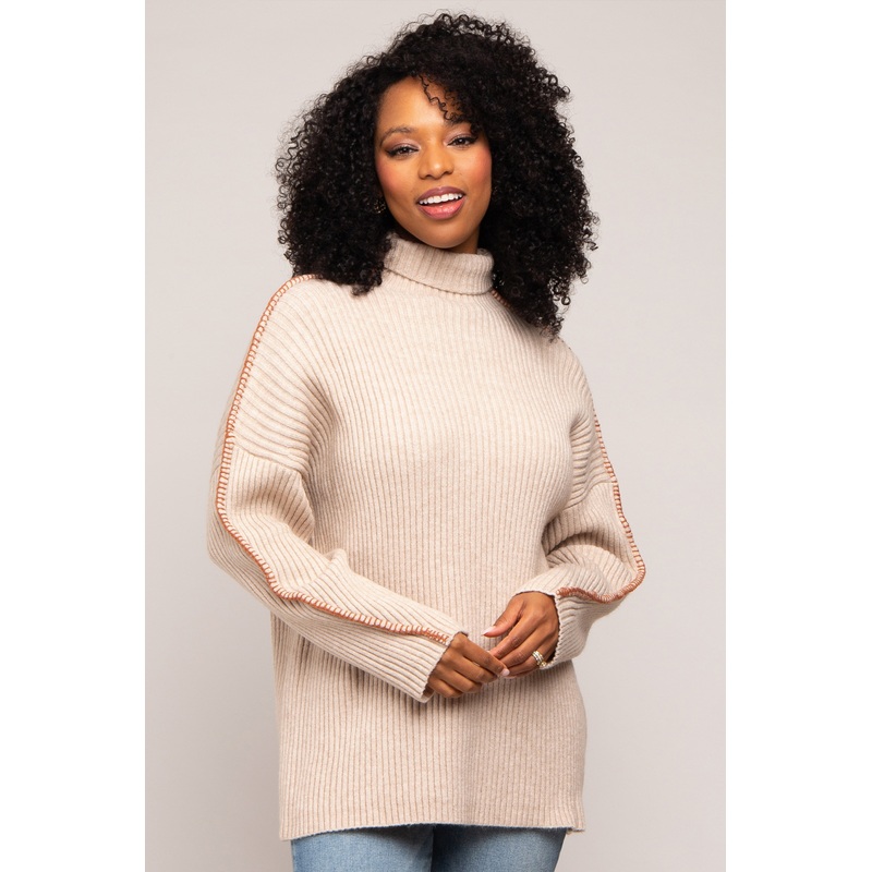 Beige Contrast Stitch Turtleneck Sweater
