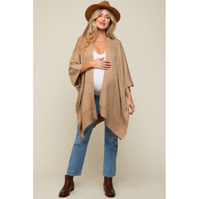 Beige Draped Cable Knit Dolman Sleeve Maternity Cardigan