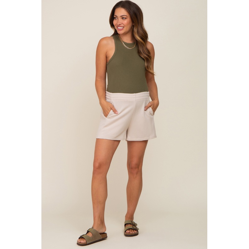 Beige Elastic Band Maternity Sweat Shorts
